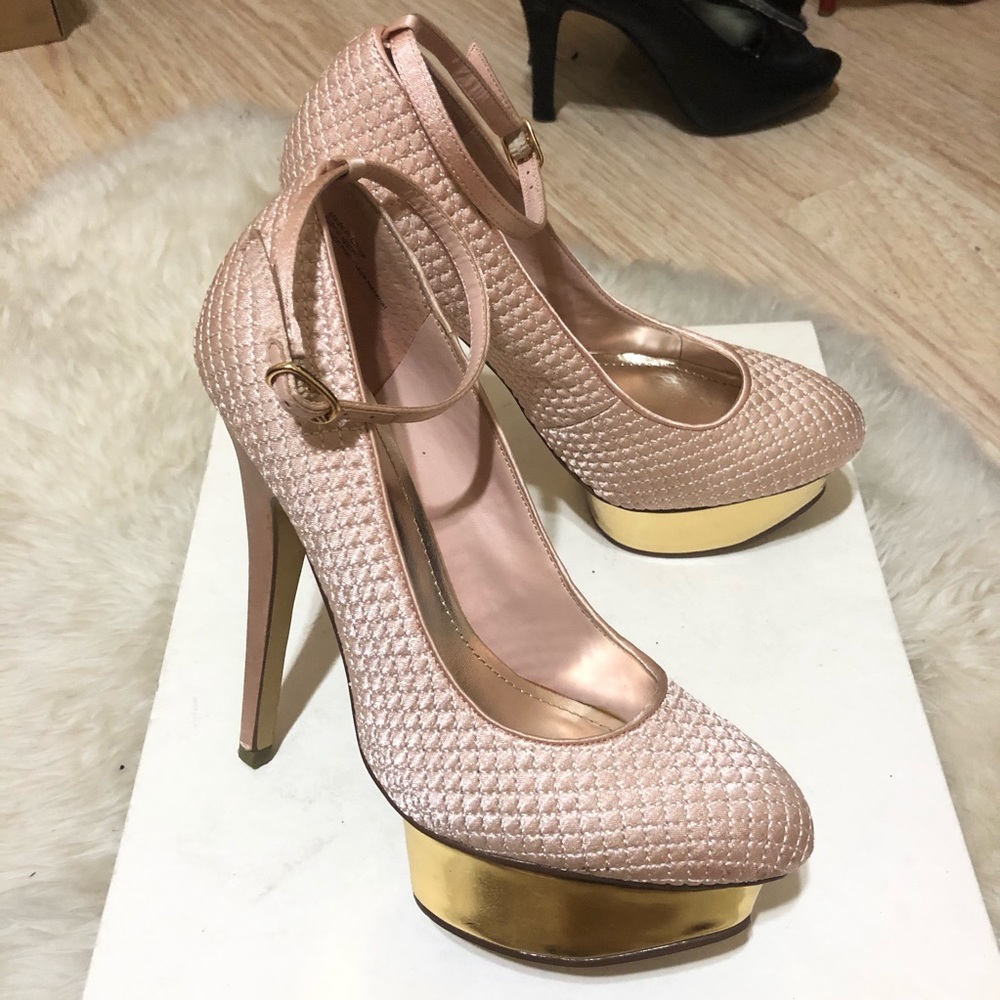 Pink Satin Quilted Gold Platform Pumps Heels Party